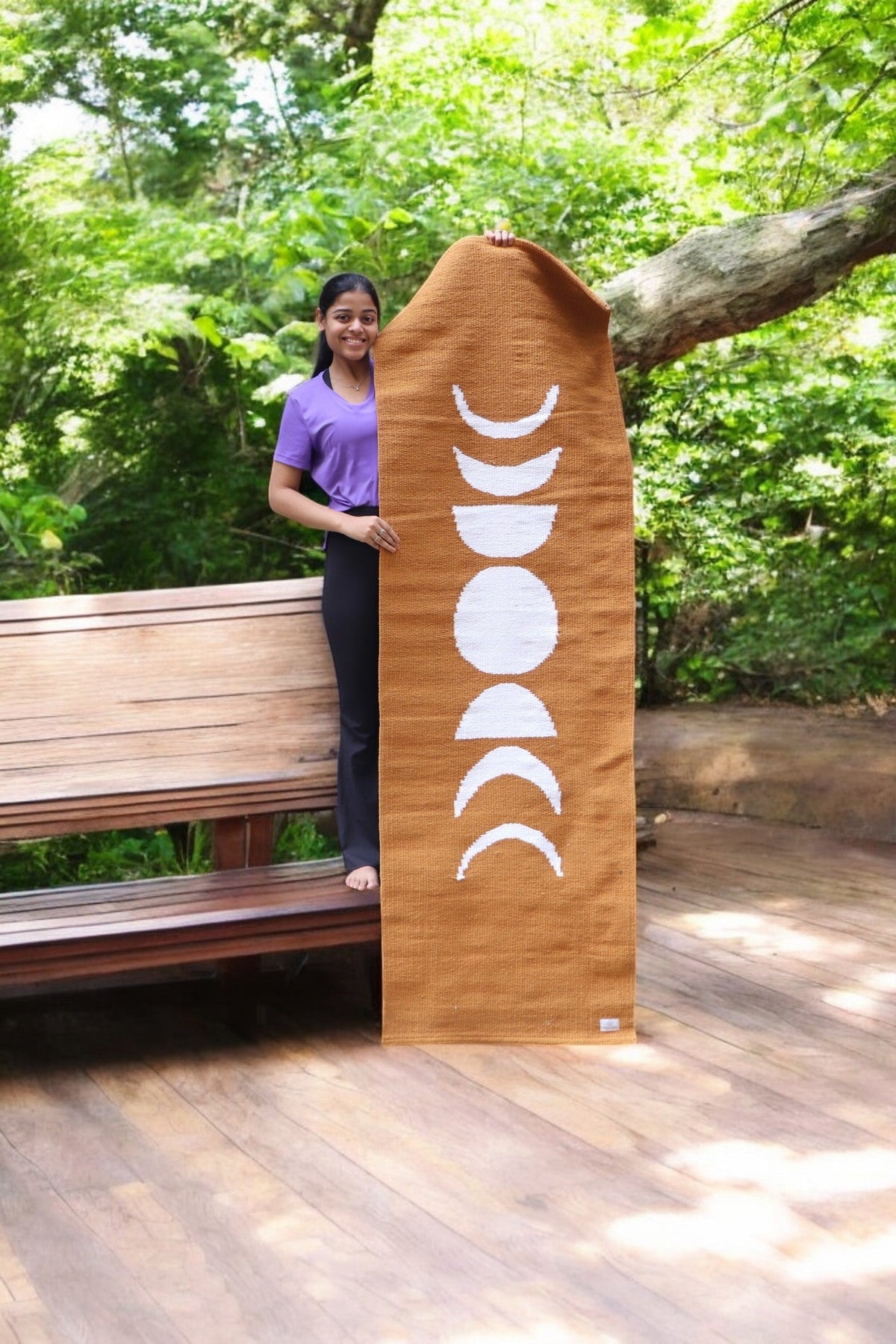 Moon Light Organic Cotton Yoga Mat | Handwoven, Anti-Skid Option | Celestial Moon Phases, Mustard or Black | Eco-Friendly &amp; Gift Ready