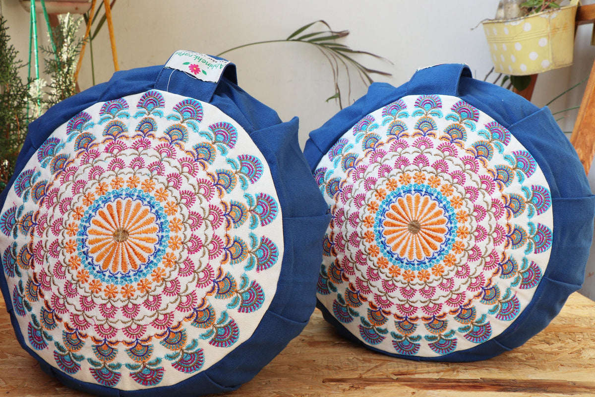 Embroidered Round Zafu Yoga Pillow |Zipped Cover |Washable| Portable - Large Size - Steel Blue &amp; Teal Blue