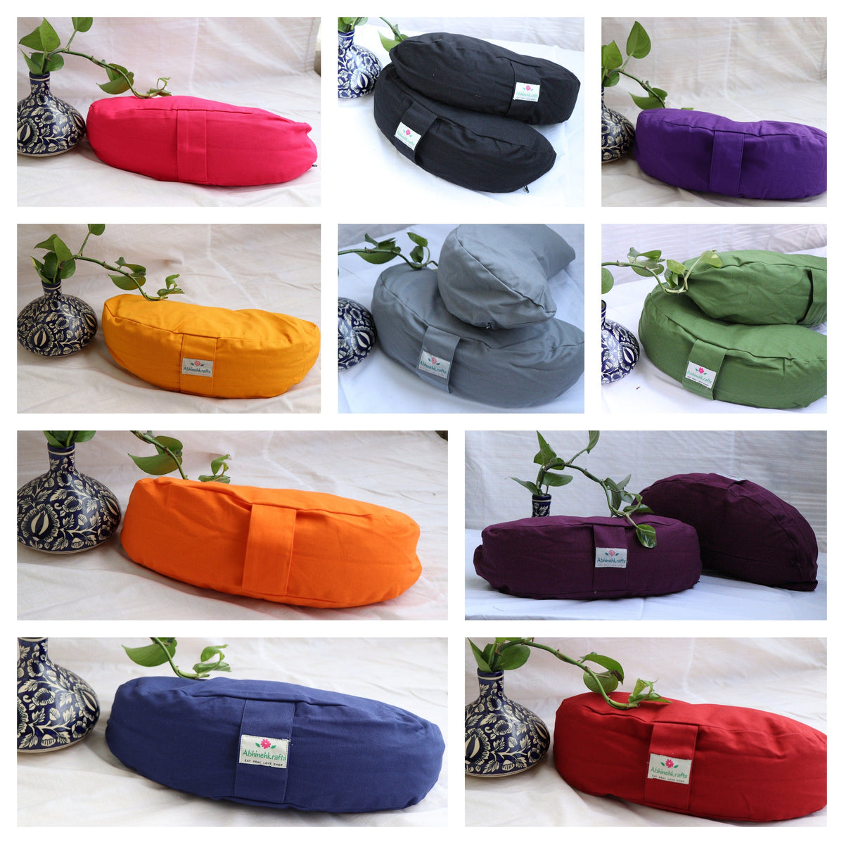 Crescent Yoga/Meditation Cushionâ€“Crescent Yoga Pillow| Zippered Organic Cotton Cover/Liner|Carrying Handle - Color Options - Filling Options