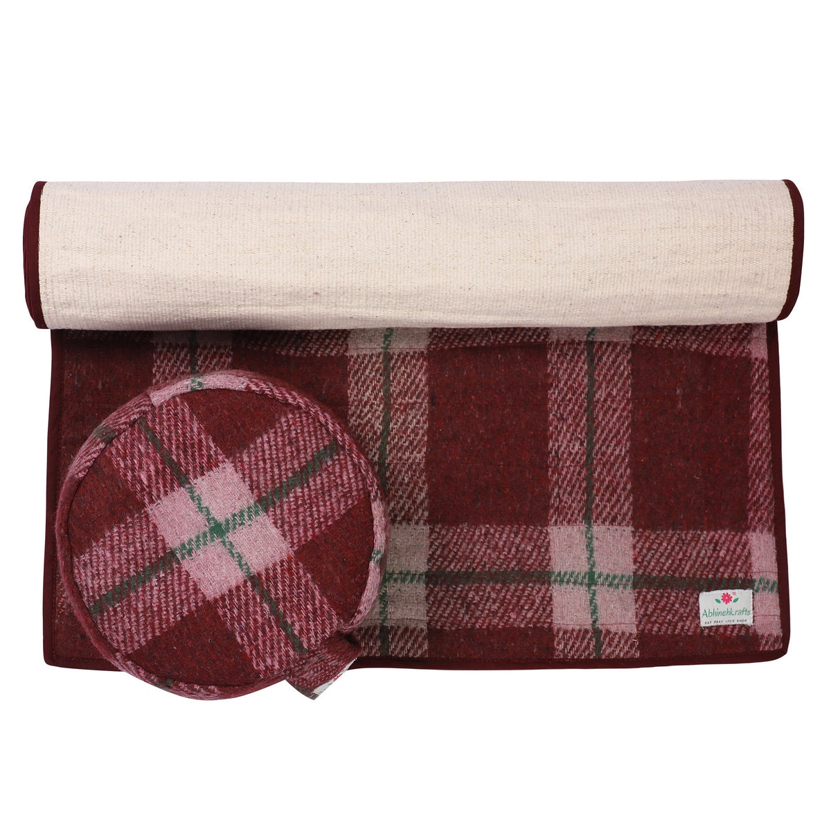 Wool &amp; Cotton Premium Yoga Mat and Zafu Yoga Meditation Cushion Set - Maroon
