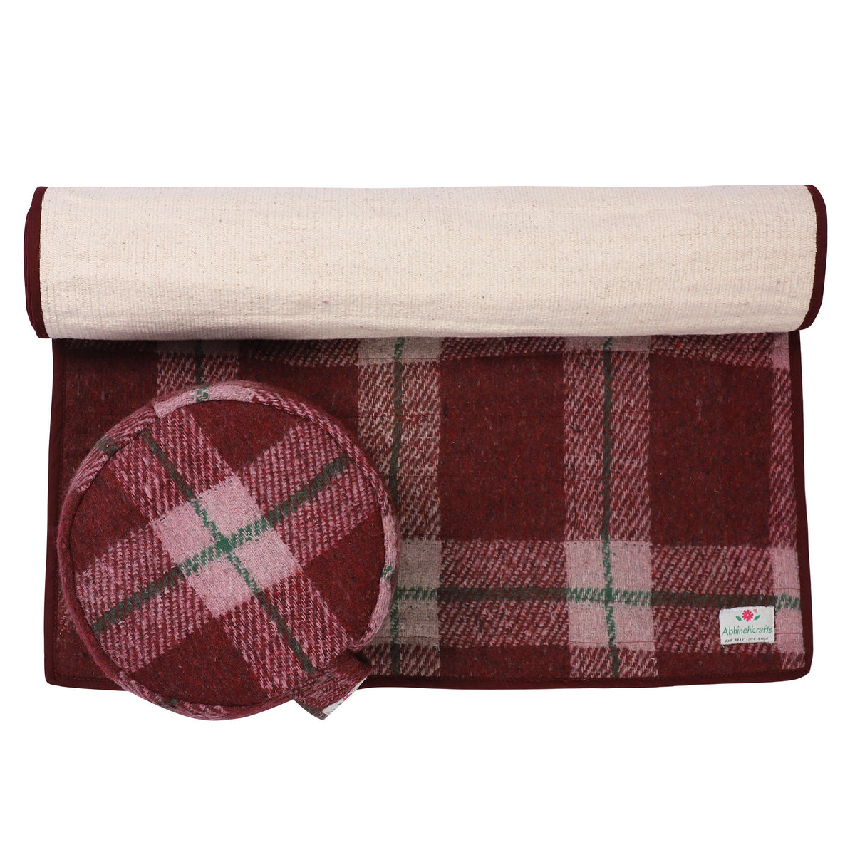 Wool &amp; Cotton Premium Yoga Mat and Zafu Yoga Meditation Cushion Set - Maroon